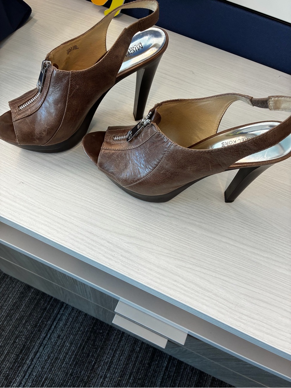 MICHAEL Michael Kors Brown Leather Peep-Toe Slingback Heels with Front Zipper